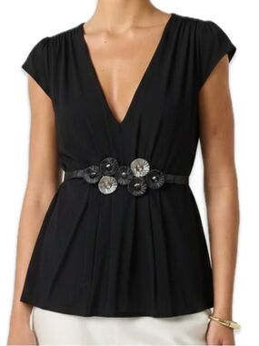 🇨🇦 Black V-Neck Cap Sleeve Top with Floral Accent Belt • Size Small